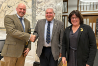New Member Barry Duncan is with Vice Moderator Bill Duncan (dad) and Bailie Clare McLaren on  4 December 2023